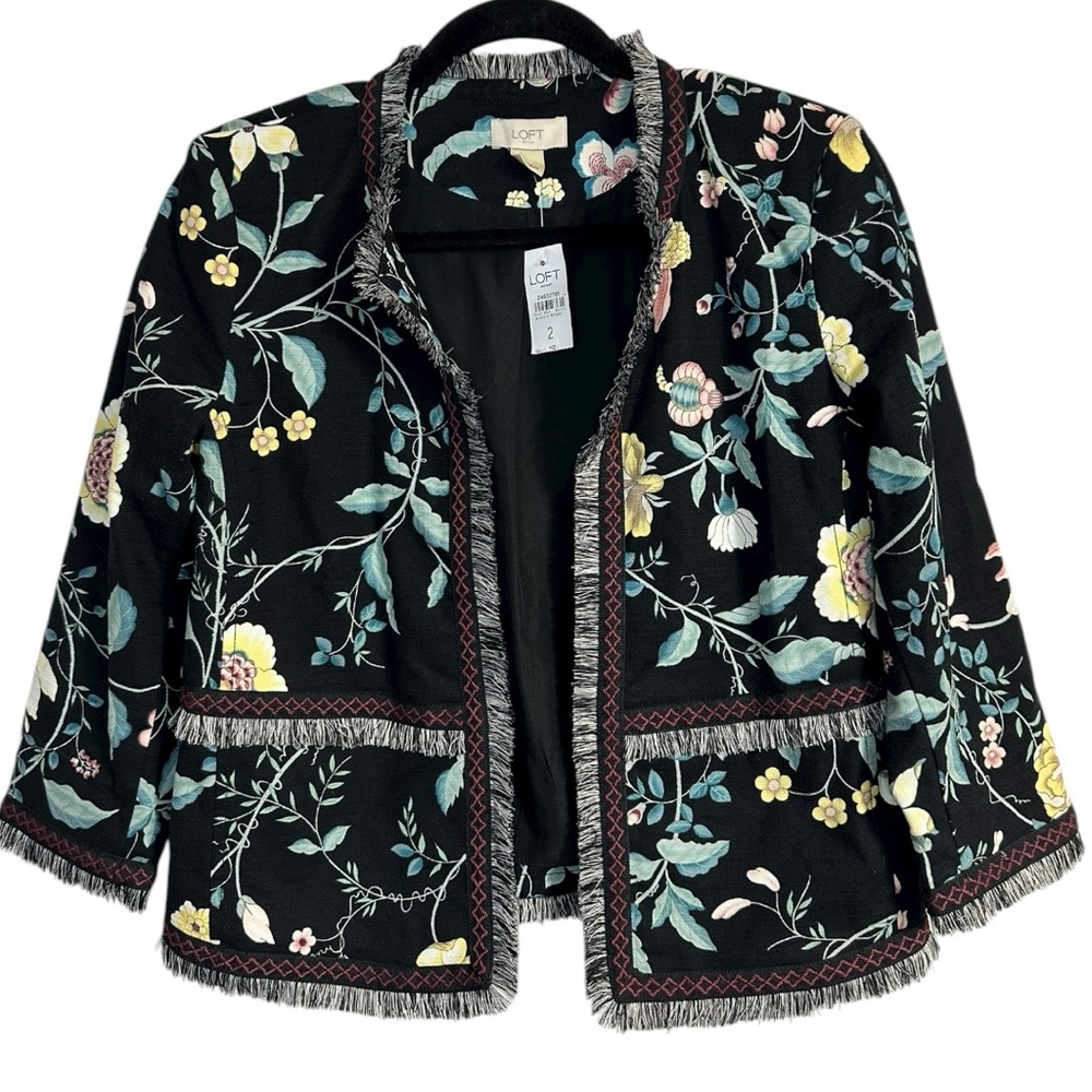 Loft Cotton Twill Floral Print Cropped Open Front Fridge Blazer Jacket Size 2